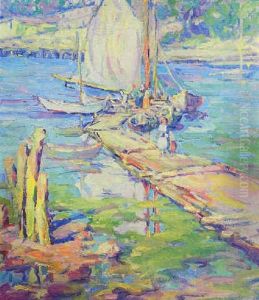 Harbor Scene With Figures On A Dock by Kathryn E. Bard Cherry