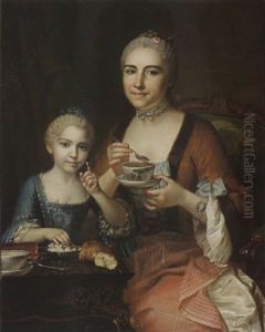 A Portrait Of An Elegant Lady And Her Daughter Drinking Coffee by Jean Chevalier