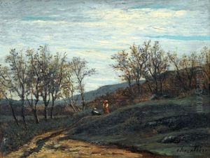 Herbstliche Landschaftspartie Mit Staffage by Henri Chevallier