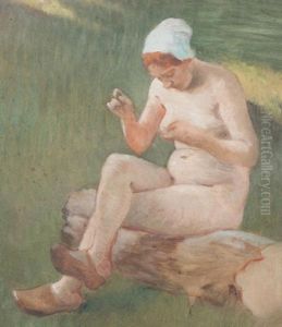 Etude D"une Bergere En Sabot Cousant