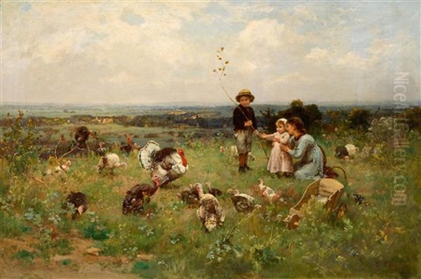 Children In A Meadow With A Rafter Of Turkeys - view 1