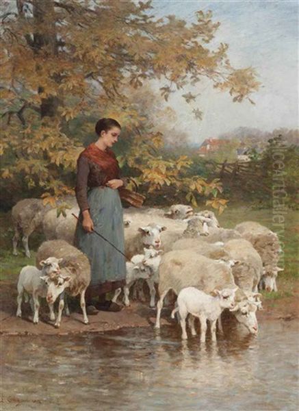 A Shepherdess Watering Her Flock - view 1
