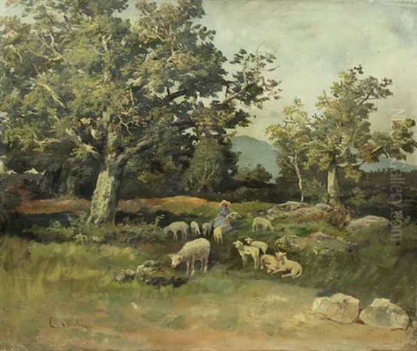 Bergere Et Son Troupeau Dans Un Paysage Montagneux - view 1