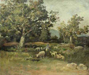 Bergere Et Son Troupeau Dans Un Paysage Montagneux by Luigi Chialiva