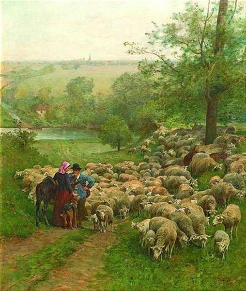 Flusslandschaft Mit Grasender Schafherde, Deren Hirte Sich Mit Einer Bauerin Unterhalt - view 1
