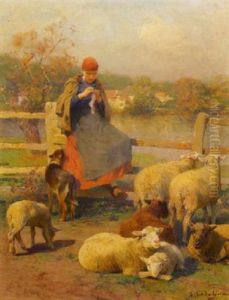 Shepherdess And Flock Resting Beside A Lake Shepherdess And Flock Resting Beside A Lake