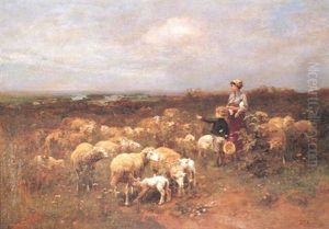 Mother And Child With Sheep In The Meadow by Luigi Chialiva