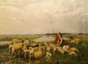 Jeunes Filles Gardant Le Troupeau; Les Agneaux De Printemps (young Girls Tending The Flock; The Spring Lambs) by Luigi Chialiva