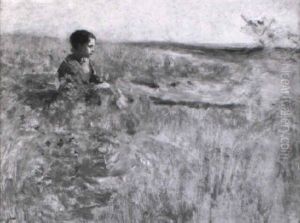 Sitzendes Junges Madchen In Wiesenlandschaft by Luigi Chialiva