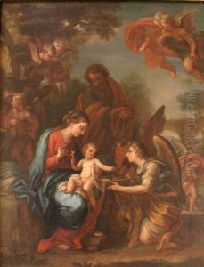 Angels Presnting The Arma Christi To The Holy Family Resting On The Flight To Egypt by Giuseppe Bartolomeo Chiari