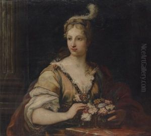 A Lady In A Yellow Dress And Red Robe, With A Feathered Headdress, Arranging A Basket Of Flowers by Giuseppe Bartolomeo Chiari