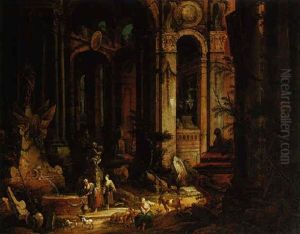 Hirtinnen An Einem Brunnen In Ruinen by Marco Antonio Chiarini