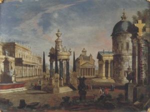 Capriccio Architettonico Con Il Monumento Dei Quattro Mori A Livorno, Il Pantheon Ed Altri Edifici Classici E Moderni by Francesco Chiarottini