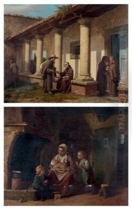 Les Moines Dans Le Patio, Mere Et Ses Enfants Devant L'atre (pair)