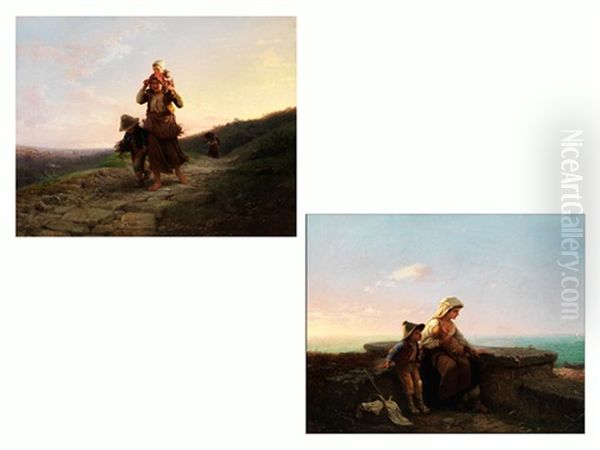 Junge Mutter Mit Zwei Kindern Auf Dem Heimweg (+ Junge Mutter Mit Kind An Der Brust Und Einem Knaben Zur Rechten Seite An Einer Ufermaurer Am Strand; Pair) - view 1