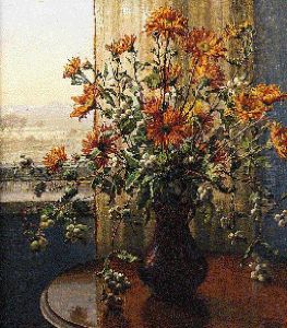 Flowers In A Vase On A Table With A View To A Winter Landscapebeyond by Wilhelm Andersen