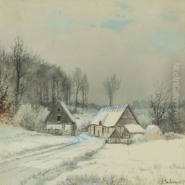 Wintry Landscape With Small Houses In A Forest - view 1