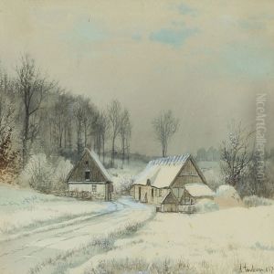 Wintry Landscape With Small Houses In A Forest by A. Andersen-Lundby