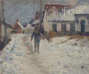 Village Anime Sous La Neige by Eugene Chigot