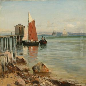 Coastal Scenerywith Boys In A Boat Near A Pier