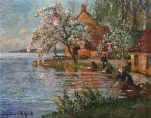 Etang De Ceu, Washerwomen On The Banks by Eugene Chigot