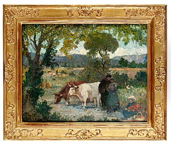 Pastoralt Landskap Med Figurer Och Kor - view 1