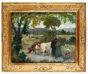 Pastoralt Landskap Med Figurer Och Kor by Eugene Chigot