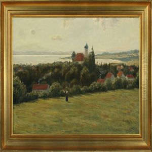 A South Germanlandscape With Church And A Larger Lake by A. Andersen-Lundby