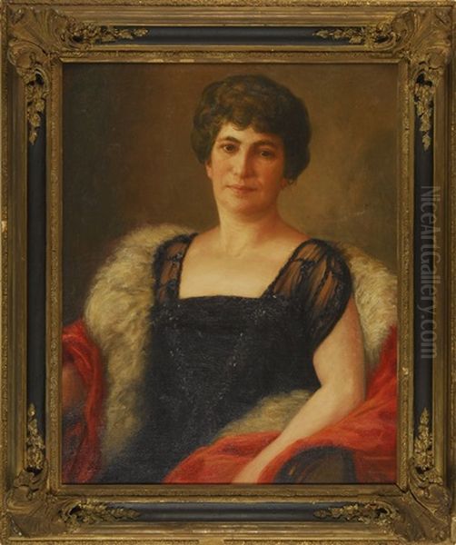 Portrait Of A Woman Wearing A Black Dress And White Fur Stole - view 1