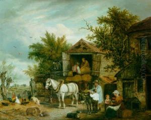 Loading The Hay Wagon In A Farmyard by Elias Childe