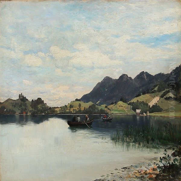 Summer Day At A Lake With People In Rowing Boats - view 1