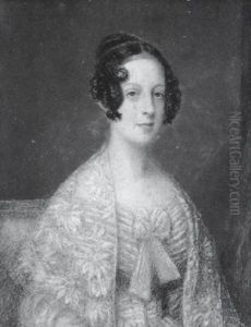 A Lady Seated In A Red Upholstered Chair, Wearing Blue Ribbon In Her Hair, Decollete Blue Dress With Bow At Her Corsage And White Lace Shawl by James Warren Childe