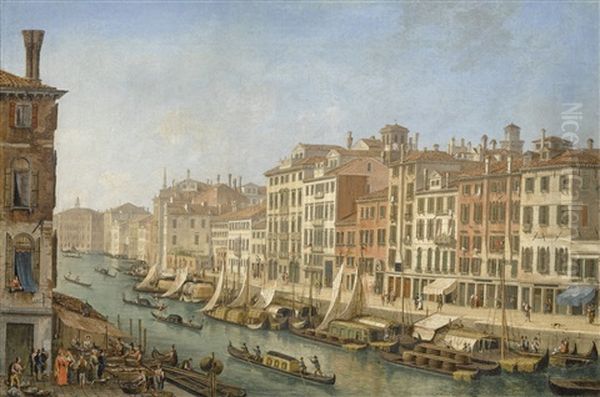 Venice, View Along A Canal With Gondolas And Figures At A Fish Market - view 1