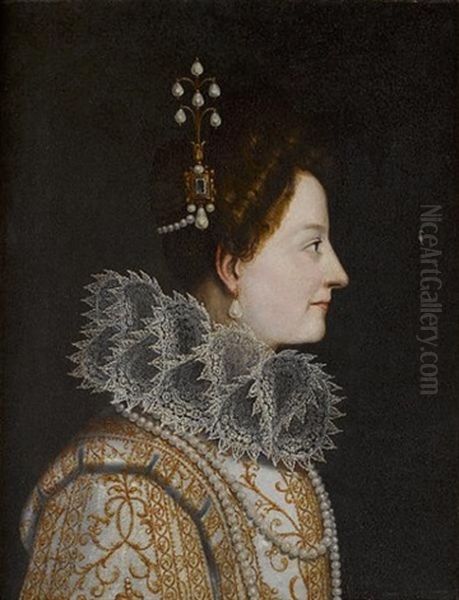 Portrait Of Catherine De Medici, Bust-length, In Profile, In A Lace Ruff And Pearl Headdress - view 1