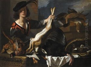 A Still Life Of Dead Game With A Young Man Holding Up A Hare by Jacopo (da Empoli) Chimenti