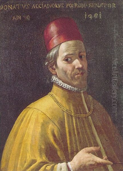 Portrait Of A Gentleman, Wearing 14th Century Costume With A Yellow Tunic, A Red Hat And A Gold Chain - view 1