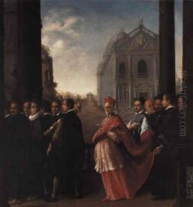 A Cardinal's Procession Under A Colonnade, A Church Beyond