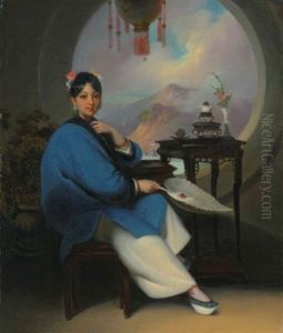 A Chinese Woman Seated, Wearing Flowers In Her Hair, Jade Earrings And Blue Nankeen Dress, Holding A Feather Fan, Before A Circular Window, With A View To A Chinese Coastal Landscape Beyond by George Chinnery