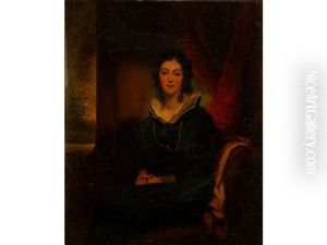 A Portrait Of Catherine Hungerford, Seated In An Interior, Wearing A Gold Guard Chain Over Her Black Dress, Her Clasped Hands Resting On Her Lap, With Red Curtains Behind And A Landscape To The Distance
