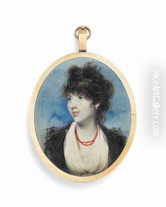 A Young Lady, In White Dress And Fichu, A Black Lace Coat And Coral Necklace, Upswept Curling Hair; Sky Background