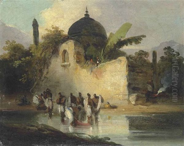 Indians Bathing By A Ruined Temple, Bengal - view 1