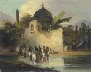 Indians Bathing By A Ruined Temple, Bengal