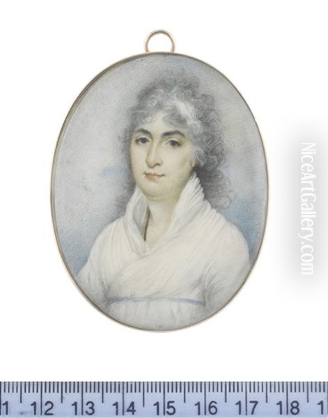A Lady, Called Miss Fletcher, Wearing White Dress, Narrow Sky Blue Ribbon Waistband, A Black Cord Suspended From Her Neck, Her Powdered Hair Partially Upswept And Dressed With A White Bandeau - view 1