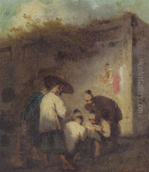 Chinese At Cards By A Wall - view 1
