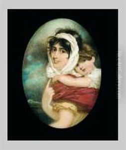 An Important Portrait Of Anne Thackeray (?) And Her Son Willima Makepeace Thackeray, She Wears Pale Yellow Dress With Rope Belt, Red Shawl And White Bandeau In Her Dark Brown Hair