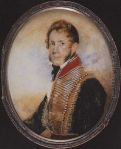 Charles Boileau Elliott Wearing The Uniform Of The Bengal Horse Artillery, Green Coat With Gold Frogging And Red Collar, Crimson Cummerbund And Frilled White Cravat
