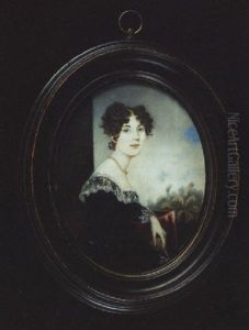 Elizabeth, Lady D'oyly Wearing Decollete Black Dress With White Lace Collar And Cuffs And Pearl Necklace, Holding A Book, Palm Trees In The Distance