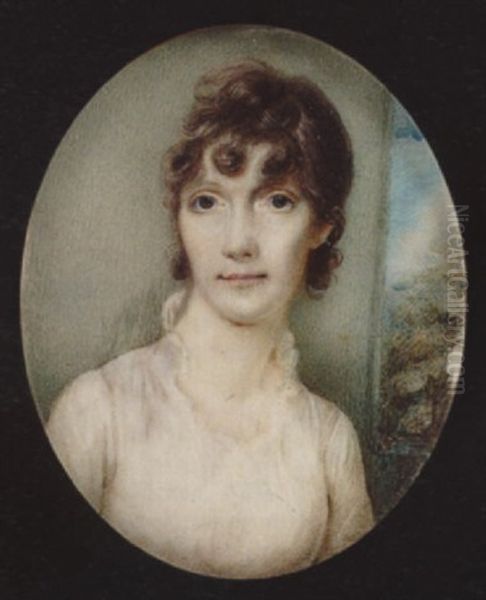 A Lady Wearing With Short Curled Hair, Wearing White Dress With Short Ruff Collar, An Open Window Behind - view 1