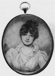 A Lady In White Dress With Blue Ribbon Waistband, Gold Chain At Her Neck, Blue Ribbon In Her Curled Brown Hair