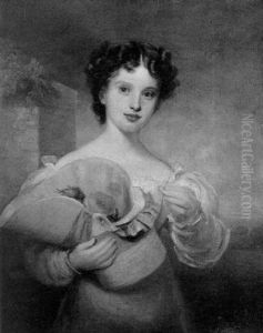 Portrait Of A Young Girl Wearing A White Dress, Holding A Straw Bonnet With Flowers